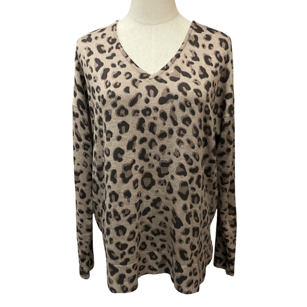 Magaschoni Women's Animal Print V Neck Long Sleeve Cashmere Blend‎ Sweater Sz XL - Picture 2 of 8